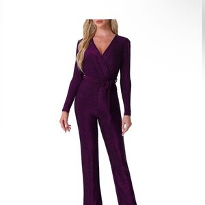 Allegra K Elegant Sparkly V-neck Purple Jumpsuit NWT retail $57